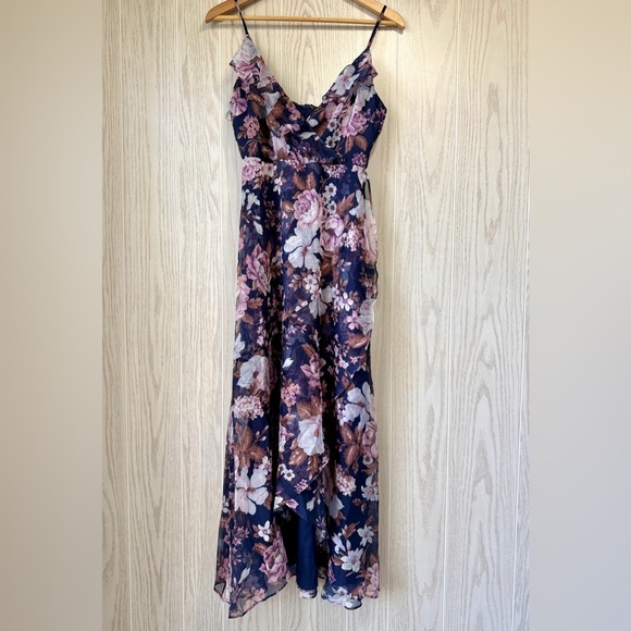 Lulu’s Flounce Wrap Midi Dress Size S Navy Lavender Floral Ruffle Chiffon NWT - Picture 4 of 4